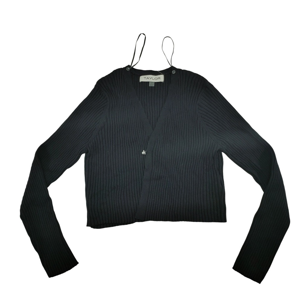 Taylor Women's Rib-Knit Cardigan Black  Size L MISSING removable Faux-Fur-Collar